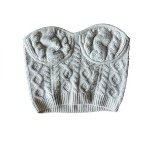 Danielle Guizio Cable Knit Buster Top Sweater Ivory Cream Medium Crop